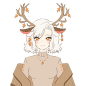 Image of anime deer girl with pale skin, white hair, cream sweater with stars, antlers and deer ears.